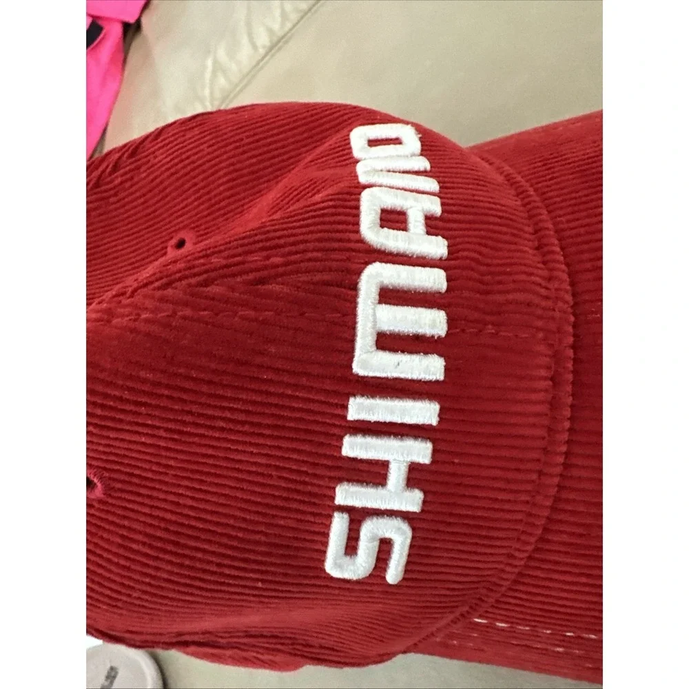 Vintage Shimano Fishing Cotton Red Black Corduroy Spell Out Front & Back Cap Hat